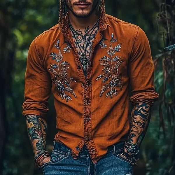 Men's Bohemian Embroidered Printed Linen Button Down Long Sleeve Shirt - Mobivivi.com 