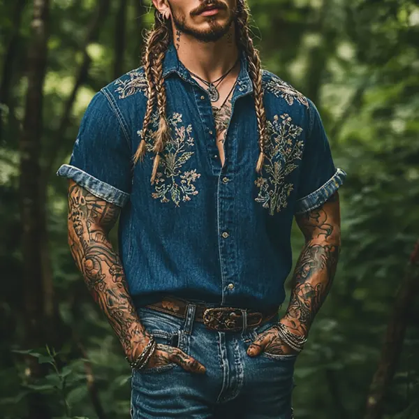 Men's Bohemian Embroidered Printed Denim Button Down Short Sleeve Shirt - Mobivivi.com 