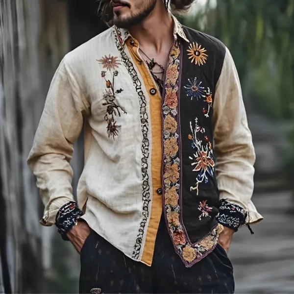 Men's Boho Hippie Floral Embroidery Printed Contrast Linen Blend Shirt - Mobivivi.com 