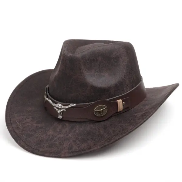 Western Cowboy Hat With Distressed Leather Band And Longhorn Buckle - Bustalent.com 
