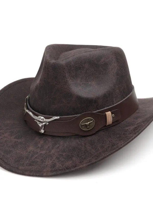 Western Suede Cowboy Hat With Distressed Leather Band And Longhorn Buckle - Pragmaace.com 