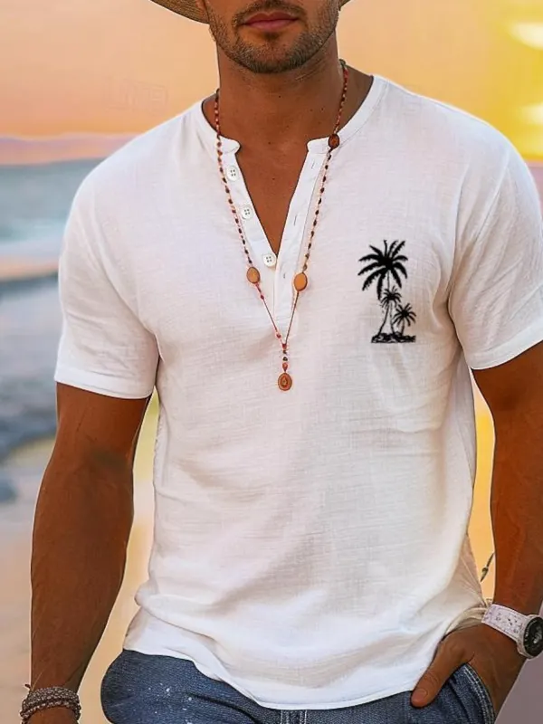 Men's Coconut Tree Graphic Henley Shirt - Wantbright.com 
