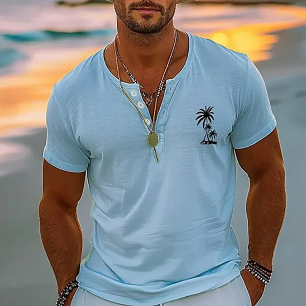Men's Coconut Tree Graphic Henley Shirt - Fineyoyo.com 