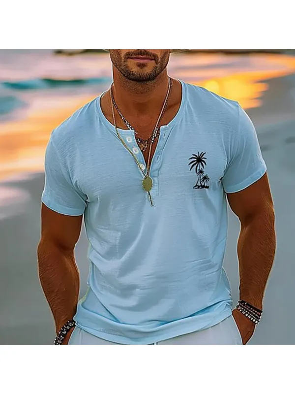 Men's Coconut Tree Graphic Henley Shirt - Ootdmw.com 