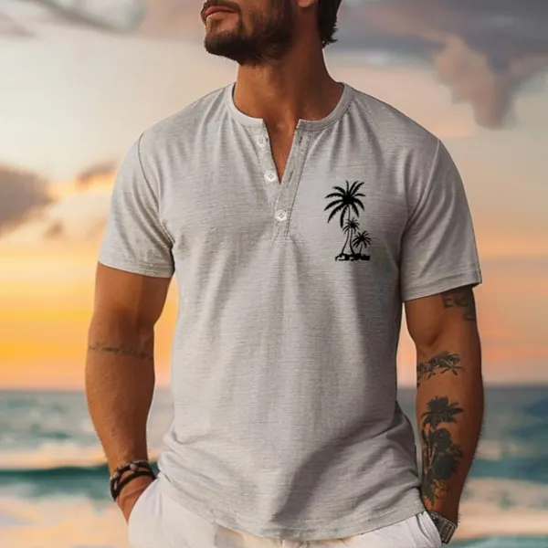 Men's Coconut Tree Graphic Henley Shirt - Menilyshop.com 