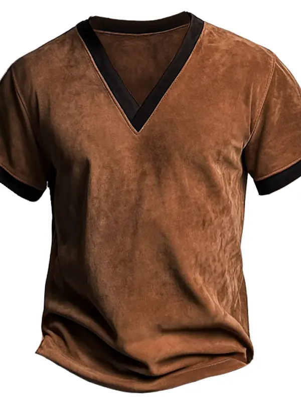Men's Retro Western Suede V-neck T-shirt With Black Trim - Menbarn.com 