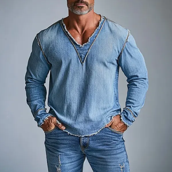 Men's Retro Denim V-Neck Long Sleeve T Shirt With Frayed Details - Menilyshop.com 