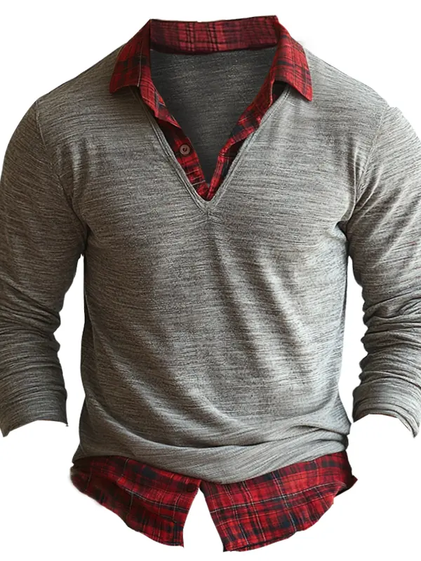 Men's Retro Gray V-neck Layered Shirt With Plaid Collar Patchwork - Menbarn.com 