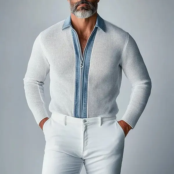 Men's Elegant Denim Patchwork Denim Collar Shirt - Villagenice.com 