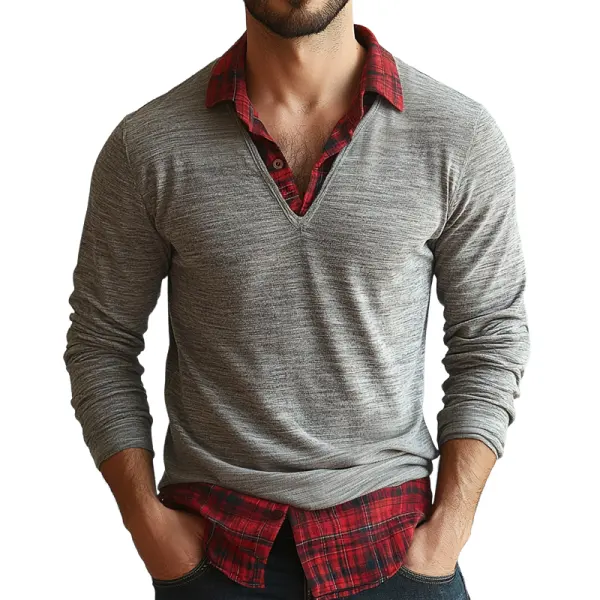 Men's Retro Gray V-neck Layered Shirt With Plaid Collar Patchwork - Menilyshop.com 