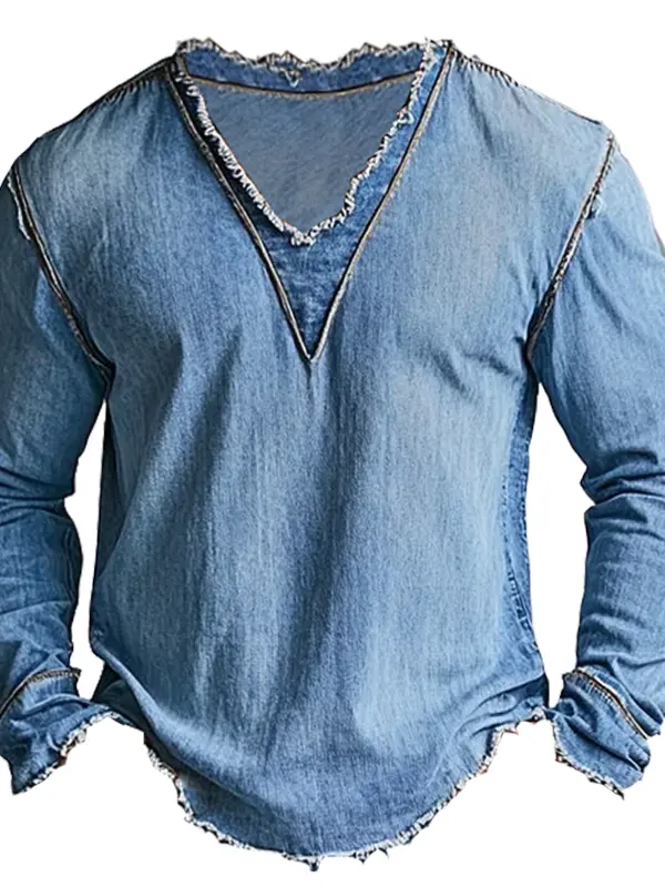 Men's Retro Denim V-Neck Long Sleeve T Shirt With Frayed Details - Menbarn.com 