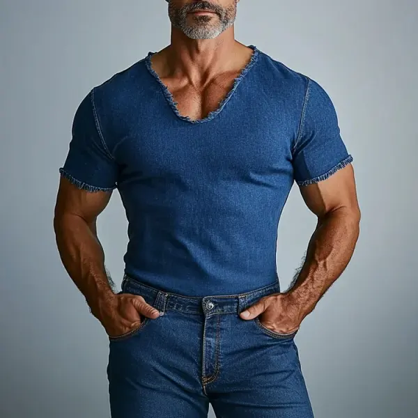 Men's Retro Denim V-Neck V-Neck T-Shirt With Frayed Edges - Menilyshop.com 