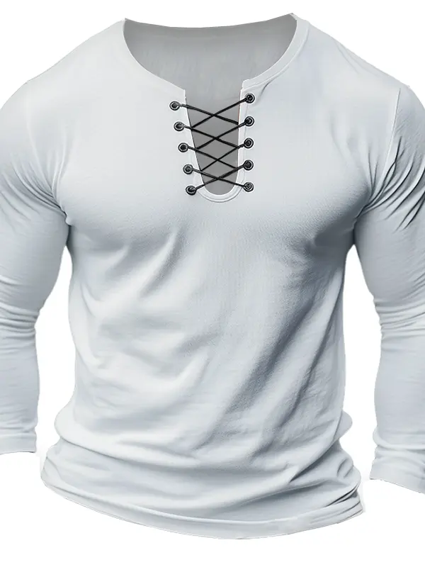 Men's Lace-Up Henley T-Shirt White - Menbarn.com 