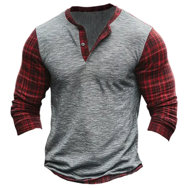 Men's Vintage Western Gray And Red Plaid Patchwork Long Sleeve Henley T Shirt - Cotosen.com 