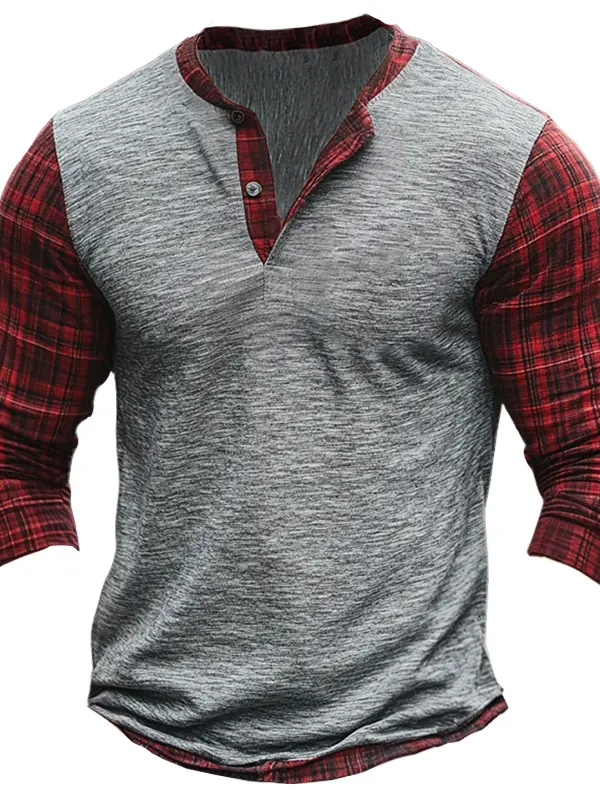 Men's Vintage Western Gray And Red Plaid Patchwork Long Sleeve Henley T Shirt - Menbarn.com 