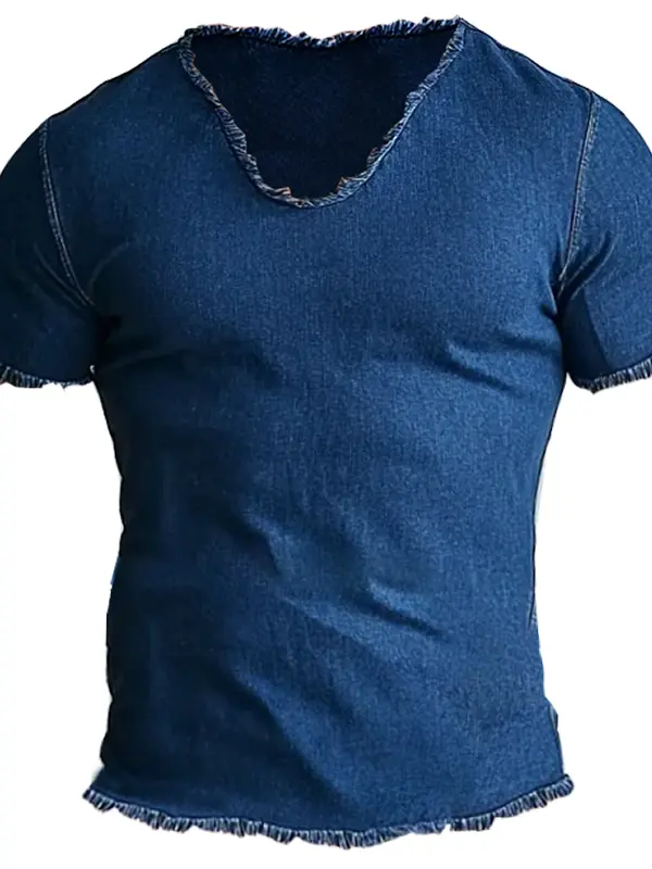 Men's Retro Denim V-Neck V-Neck T-Shirt With Frayed Edges - Menbarn.com 