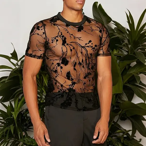 Men's Floral Sexy Round Neck See-through Mesh Short Sleeve T-Shirt - Menilyshop.com 