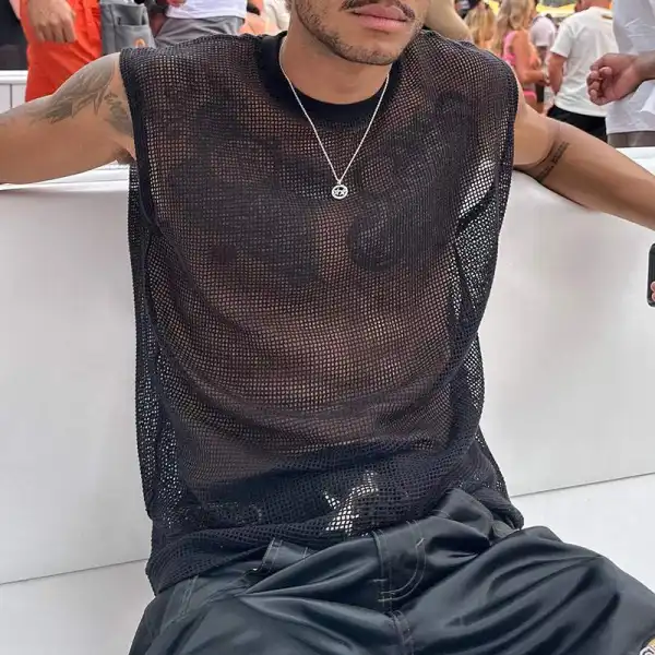 Men's Sexy Mesh Round Neck Casual Sleeveless See-through Vest - Fineyoyo.com 