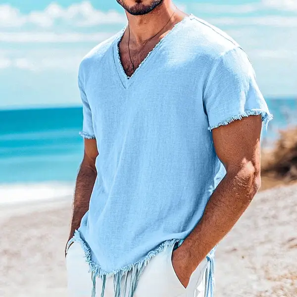 Men's Linen V Neck Resort Streetwear T-Shirt - Bustalent.com 