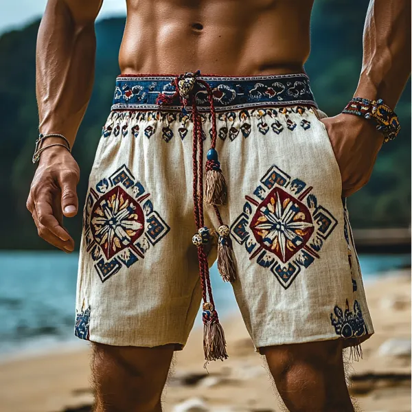 Men's Bohemian Graphic Print Holiday Casual Linen Shorts - Menilyshop.com 