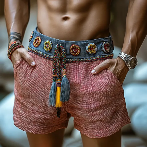 Men's Bohemian Panel Holiday Linen Shorts - Menilyshop.com 