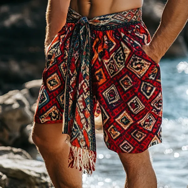Men's Bohemian Vintage Beach Vacation Ethnic Style Casual Shorts - Fineyoyo.com 