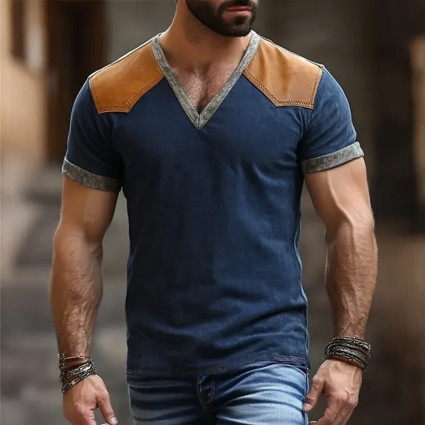 Men's Retro Casual Leather Stitching Short Sleeve T-Shirt - Bustalent.com 