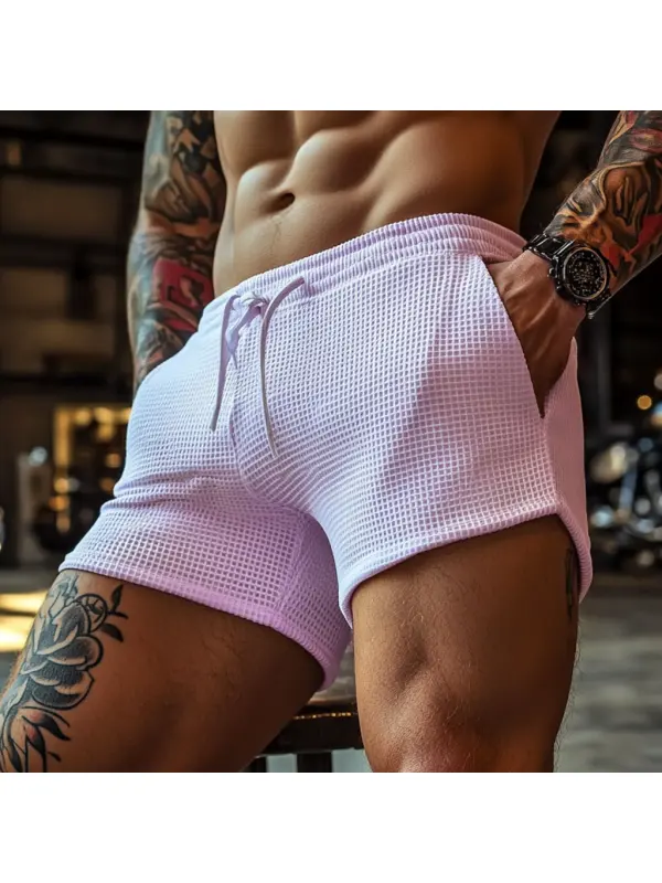 Men's Oversized Stretch Waffle Athletic Fitness Shorts Casual Comfort Daily Basic Elastic Waist Lace-Up Shorts - Frontiercool.com 