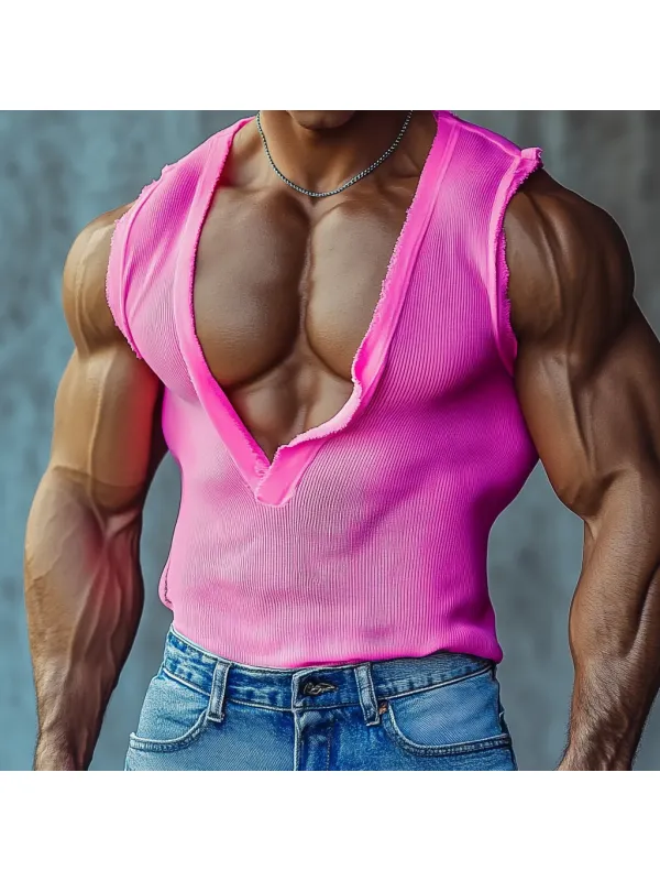 Men's Casual Deep V Neck Extra Large Stretch Comfortable Breathable Vest Casual Fitness Daily Sleeveless Top Club Top - Ootdmw.com 