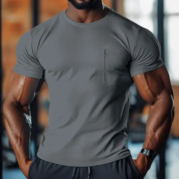 Men's Round Neck Solid Color Pocket T-shirt - Keymimi.com 