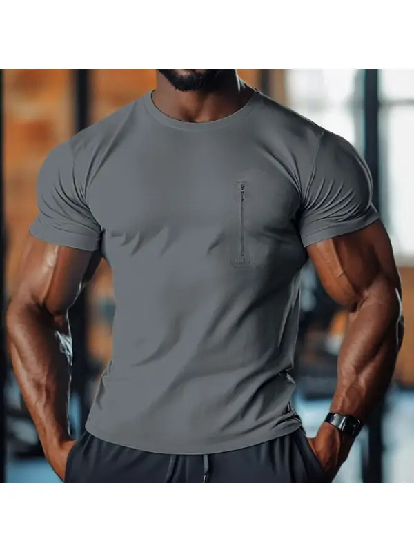 Men's Round Neck Solid Color Pocket T-shirt - Frontiercool.com 