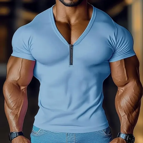 Men's Slim Fit V-Neck Zipper T-Shirt For Fitness Enthusiasts - Keymimi.com 