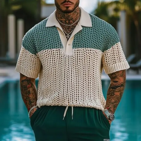 Men's Holiday Crochet Knitted Contrast Polo Short Sleeve Sweater T-Shirt - Freemacho.com 
