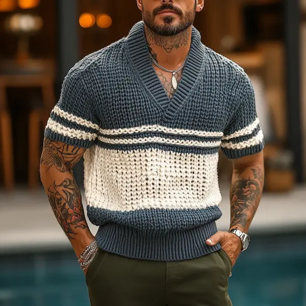 Men's Holiday Crochet Knitted Gray Blue And White Striped V-Neck Short Sleeve Sweater T-Shirt - Menilyshop.com 