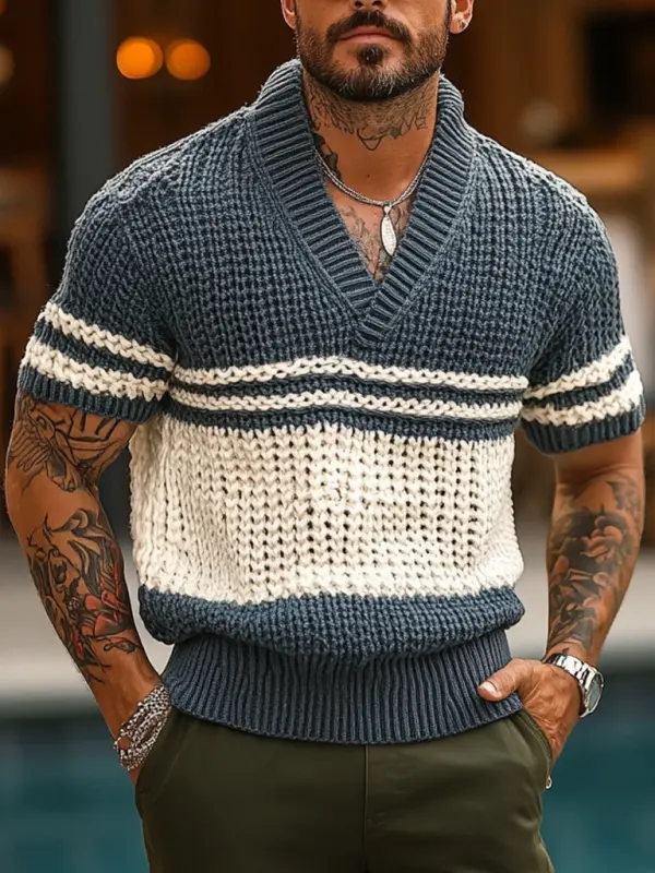 Men's Holiday Crochet Knitted Gray Blue And White Striped V-Neck Short Sleeve Sweater T-Shirt - Menbarn.com 