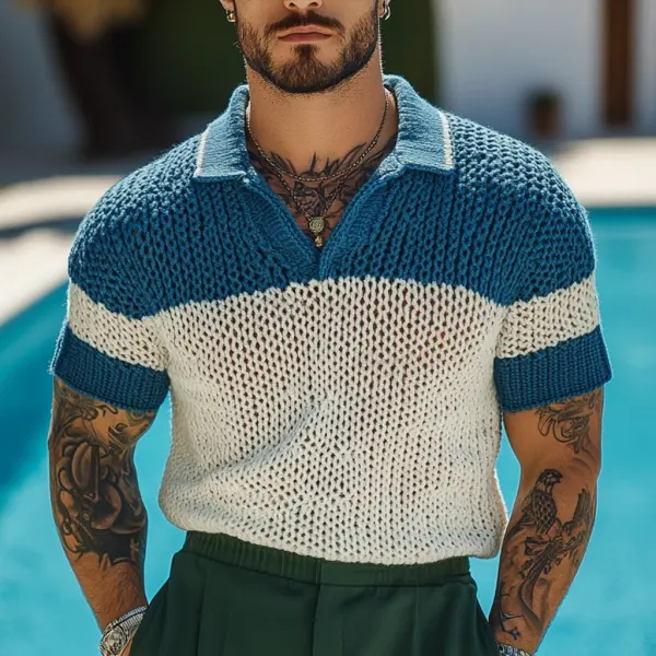 Men's Holiday Crochet Knitted Blue And White Striped Polo Short Sleeve Sweater T-Shirt - Freemacho.com 