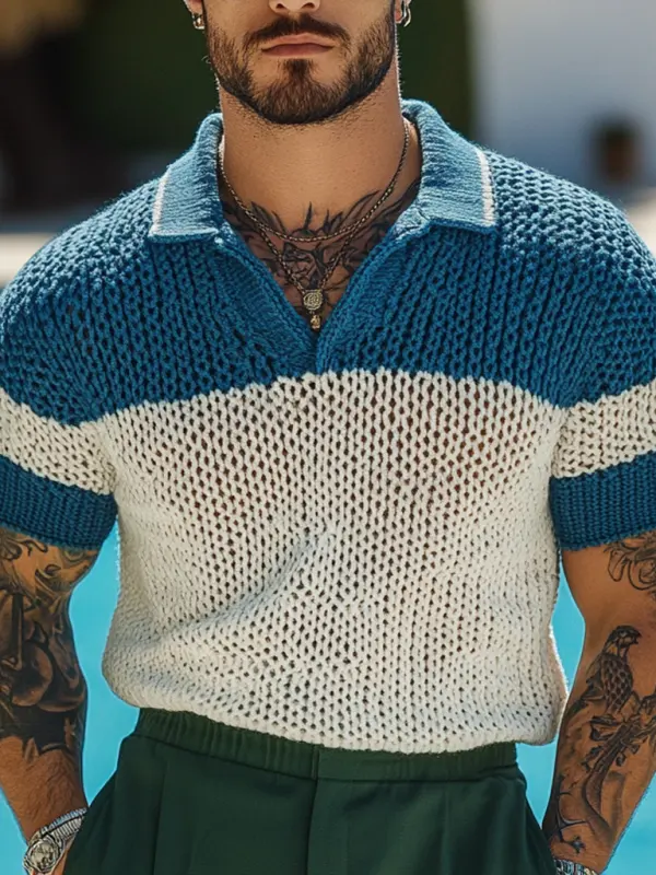 Men's Holiday Crochet Knitted Blue And White Striped Polo Short Sleeve Sweater T-Shirt - Menbarn.com 