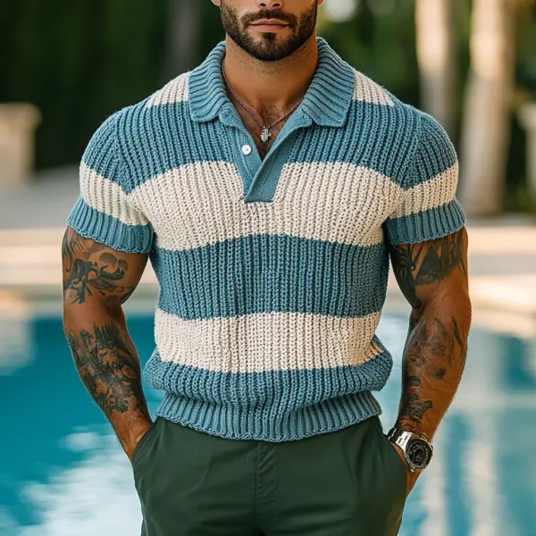 Men's Holiday Crochet Knitted Blue And White Striped Polo Short Sleeve Sweater T-Shirt - Menilyshop.com 