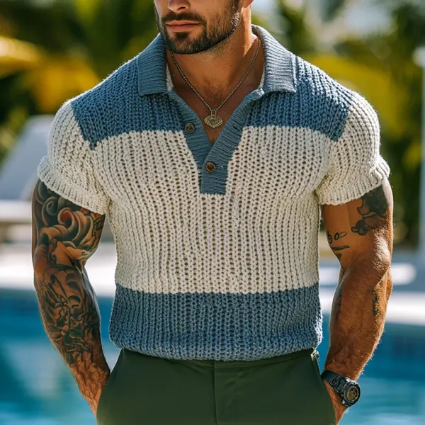 Men's Holiday Crochet Knitted Contrast Stripes Polo Collar Short Sleeve Sweater T-Shirt - Menilyshop.com 