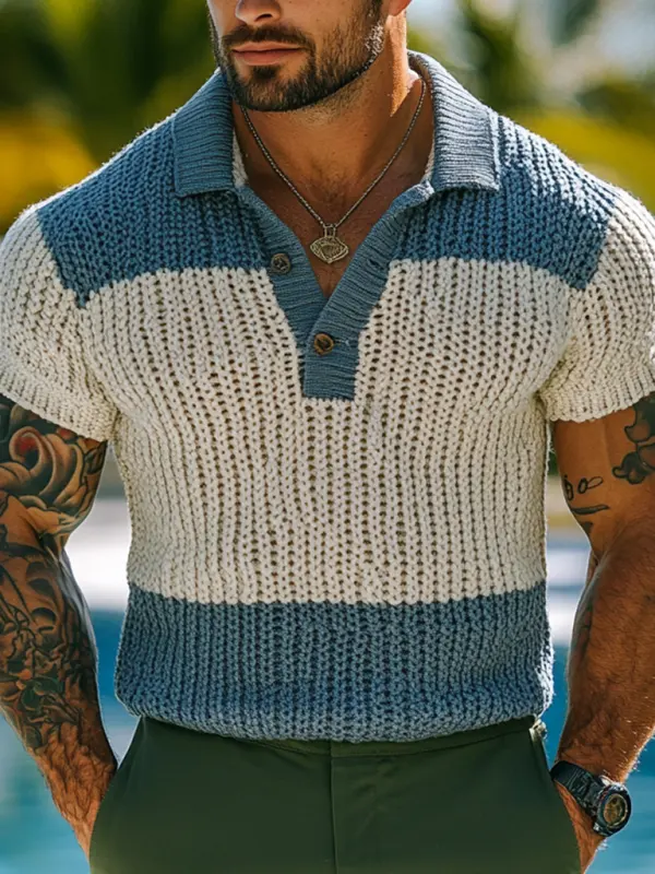 Men's Holiday Crochet Knitted Contrast Stripes Polo Collar Short Sleeve Sweater T-Shirt - Menbarn.com 