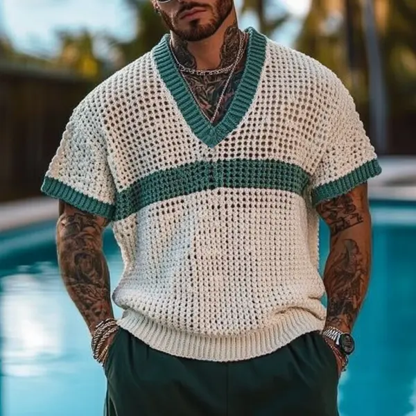 Men's Holiday Crochet Knitted Contrast V-neck Short Sleeve Sweater T-Shirt - Menilyshop.com 