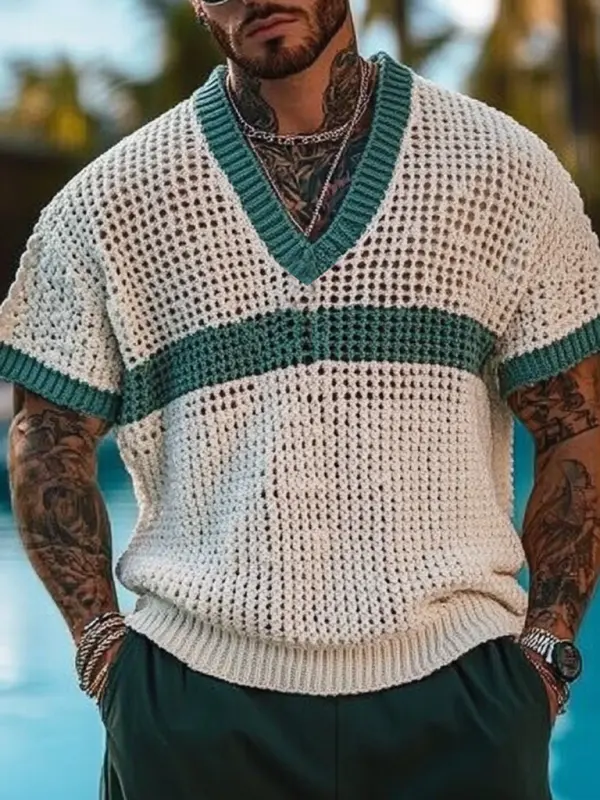 Men's Holiday Crochet Knitted Contrast V-neck Short Sleeve Sweater T-Shirt - Menbarn.com 