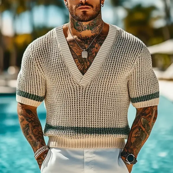 Men's Holiday Crochet Knitted Contrast Stripes V-neck Short Sleeve Sweater T-Shirt - Menilyshop.com 