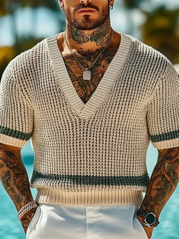 Men's Holiday Crochet Knitted Contrast Stripes V-neck Short Sleeve Sweater T-Shirt - Menbarn.com 