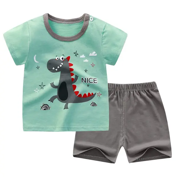 【12M-6Y】2-piece Boy Cotton Excavator Shark Cartoon Print Short Sleeve T-shirt And Shorts Set - Popopieshop.com 