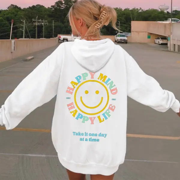 Women's Happy Mind Happy Life Take It One Day At A Time Print Casual Hoodie - Wayrates.com 