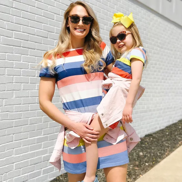 Mom Girl Fashion Colorful Striped Round Neck Matching Dress - Popopiestyle.com 