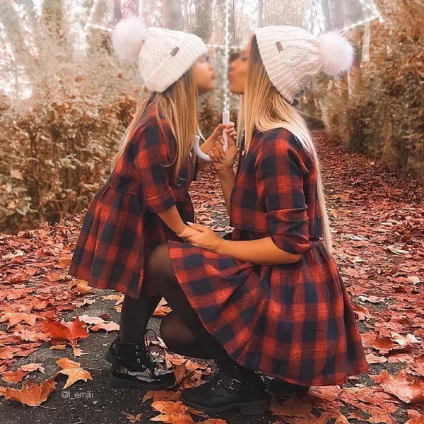 Fashion Collar Long Sleeve Red Plaid Mom Girl Matching Dress Only $35.99 - Popopiestyle.com 