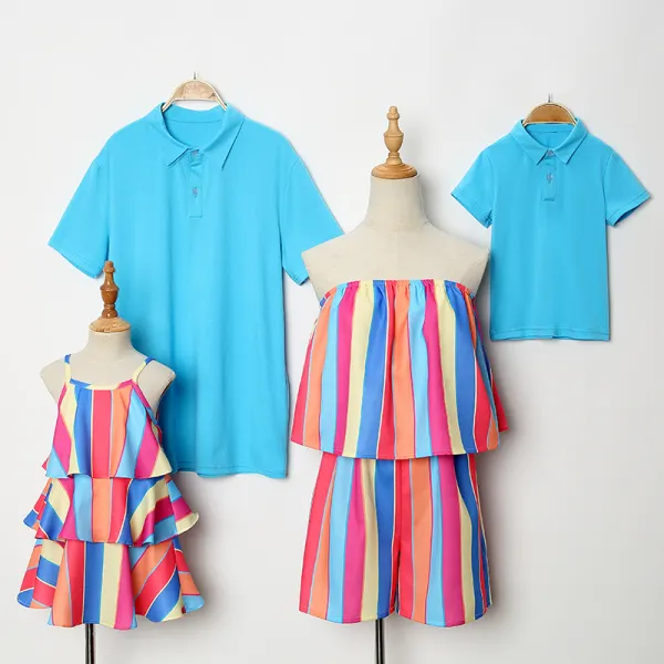 Fashion Short Sleeve Blue Shirt And Color Stripes Dress Family Matching Outfits - Popopiestyle.com 