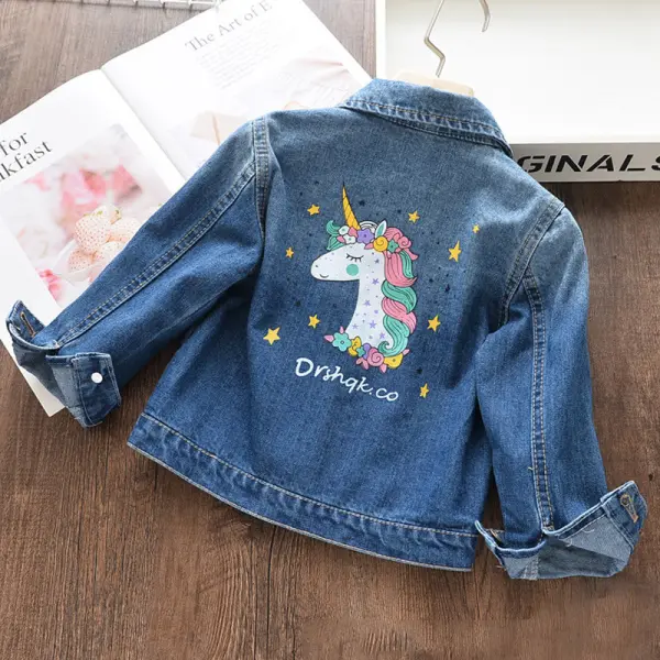 【100-140cm】Girls Autumn Unicorn Print Blue Denim Jacket - Popopiestyle.com 